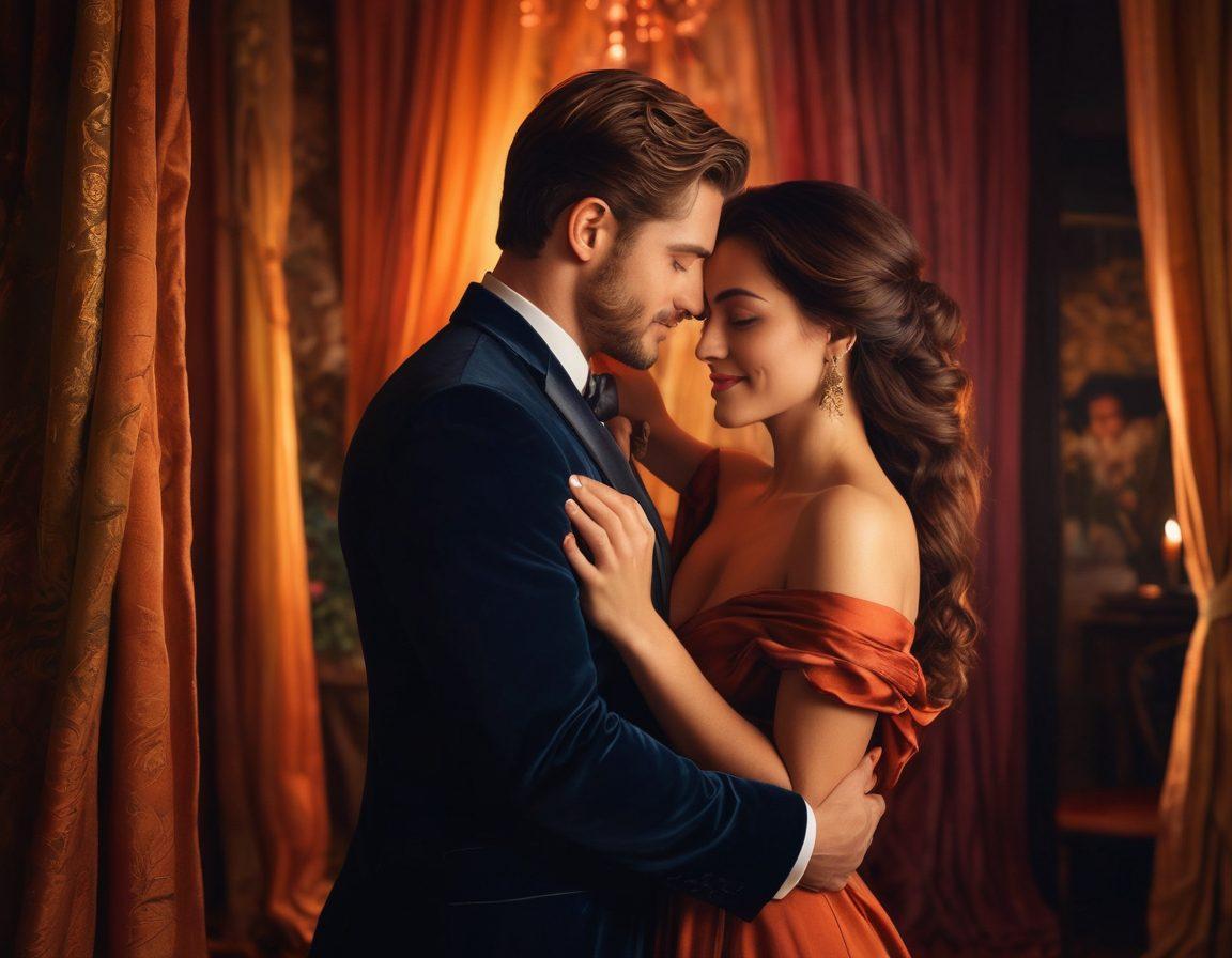 A captivating scene of a couple in an intimate embrace, surrounded by soft candlelight and rich, deep colors. Their expressions reflect playful affection, with lingering glances and coy smiles, set against a backdrop of lush silk drapes. Subtle hints of sensuality are woven through the composition, balancing elegance and warmth. The mood is inviting, inviting the viewer to explore the depths of connection. super-realistic. vibrant colors. romantic ambiance.