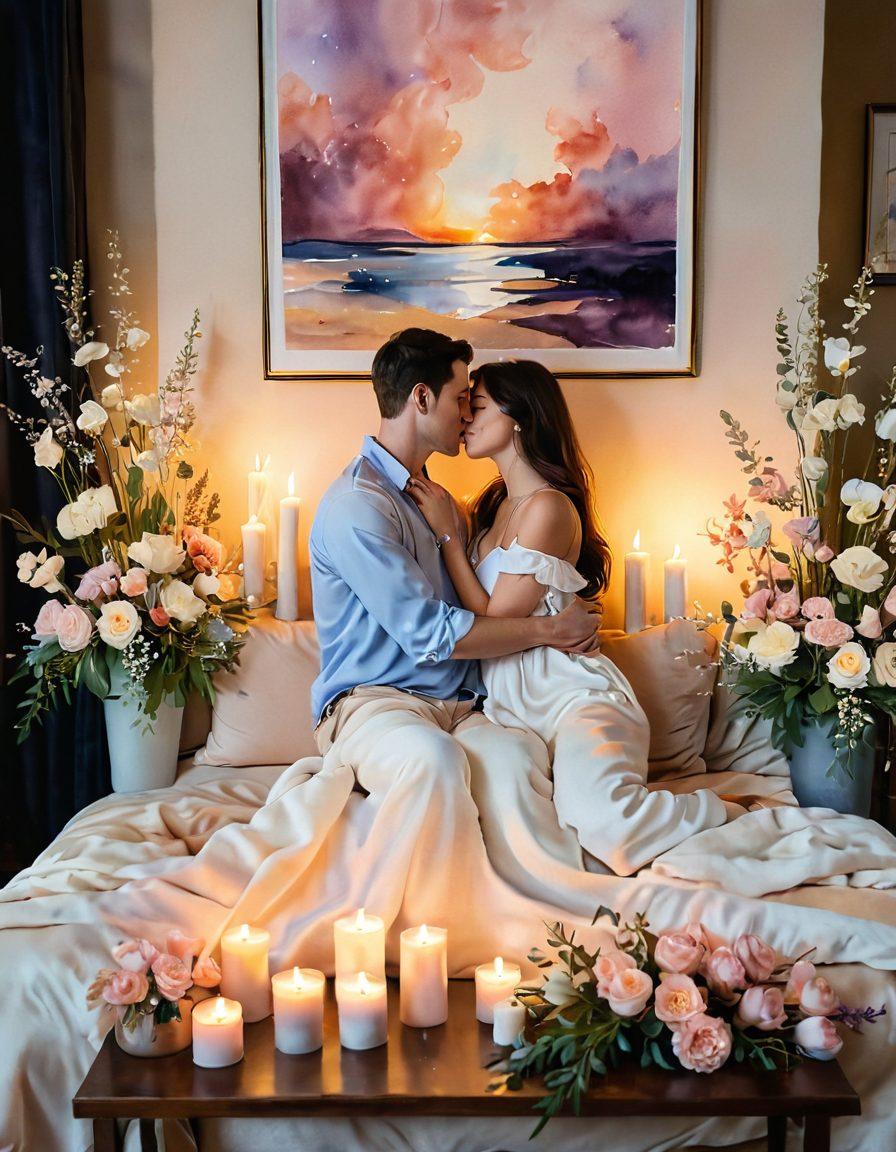 A cozy, intimate setting featuring a couple embracing under soft, ambient lighting, surrounded by sensual artwork and plush fabrics. The atmosphere is enhanced with aromatic candles and delicate flower arrangements, symbolizing love and exploration. Incorporate soft pastel colors to evoke warmth and tenderness, with a focus on connection and empowerment. watercolor painting. warm tones. intimate and inviting.