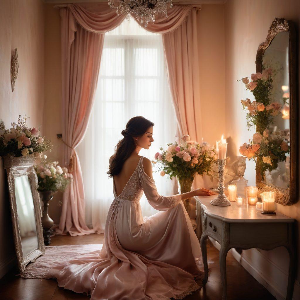 A serene and intimate setting featuring a softly lit room adorned with lush fabrics, reflecting feminine allure. A delicate silhouette of a woman is framed by cascading flowers, evoking passion and desire. The atmosphere is imbued with warmth and tenderness, inviting exploration of deeper connections. Intimate props like candles and a vintage mirror enhance the scene, drawing focus to the essence of romance. oil painting. soft pastels. dreamy ambiance.